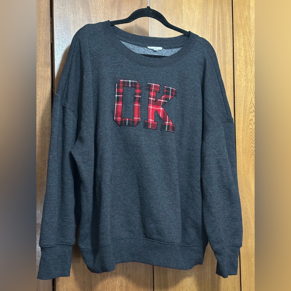 Maurices Charcoal Sweatshirt with Red Plaid 'OK' Patch